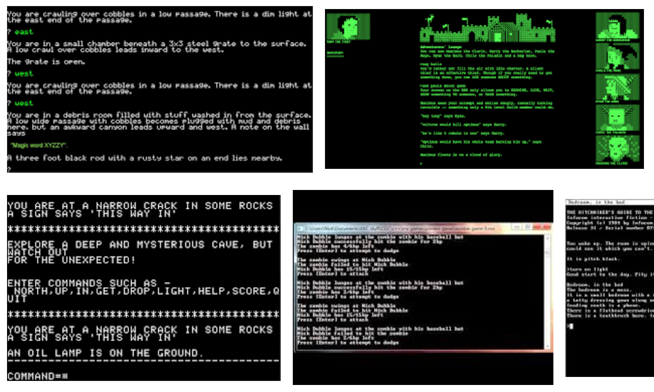 An image of many black computer monitors with white or green text, depicting ext-based adventure games
